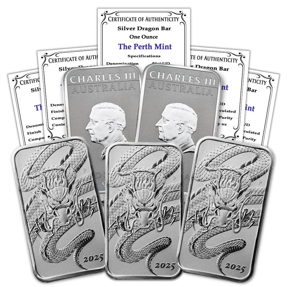 2025 P Lot of (5) 1 Troy Ounce Australian Silver Dragon